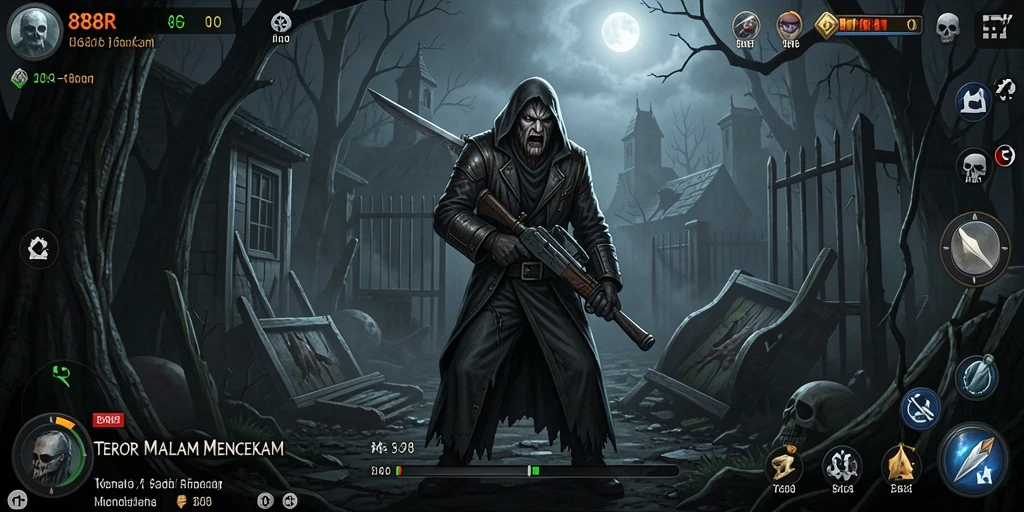 Screenshot gameplay menegangkan dari 888R saat menjelajahi lingkungan Horror.
