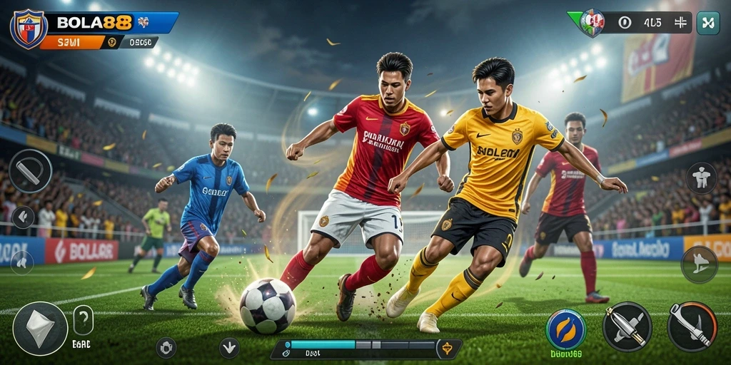 Tampilan intens gameplay BOLA88 dalam aksi sepak bola.