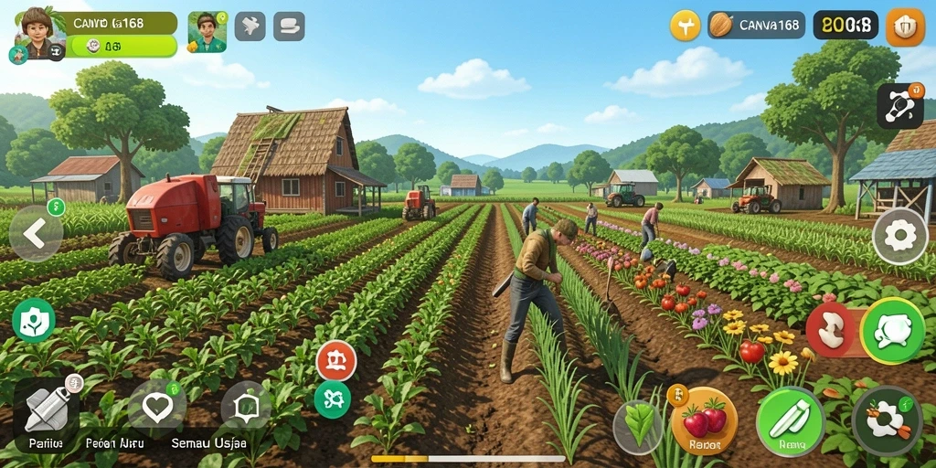 Tampilan gameplay Farming yang menarik di CANVA168 dengan ladang dan hewan ternak.