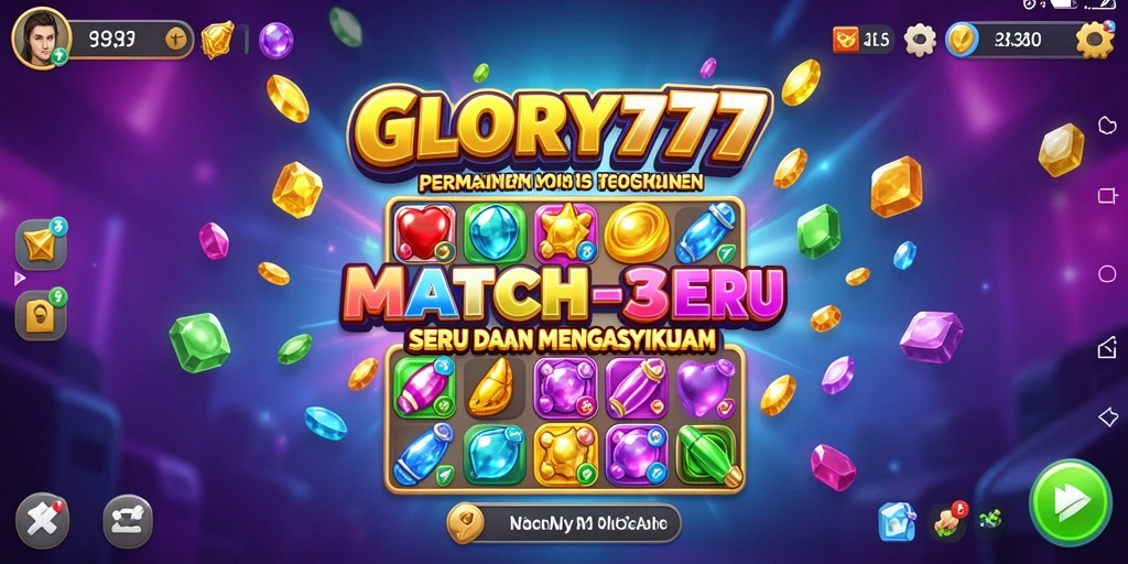 Screenshot utama GLORY777 menampilkan gameplay Match-3 yang seru dan penuh warna.