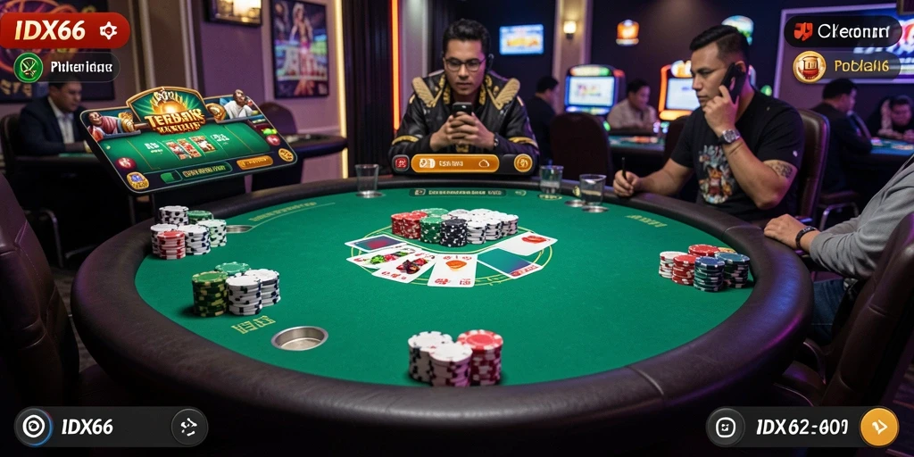 Screenshot gameplay IDX66 menunjukkan suasana kompetisi Poker yang mendebarkan.