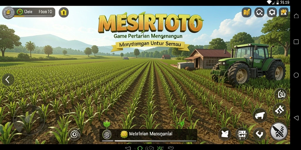 Screenshot gameplay MESIRTOTO menampilkan ladang hijau yang subur dan tanaman yang siap panen.